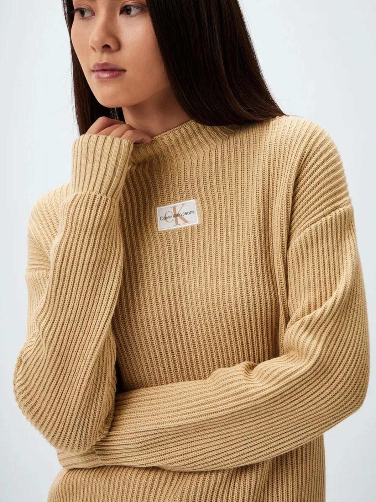 Calvin Klein WOVEN LABEL LOOSE SW, RAE Kadın Bej Kazak