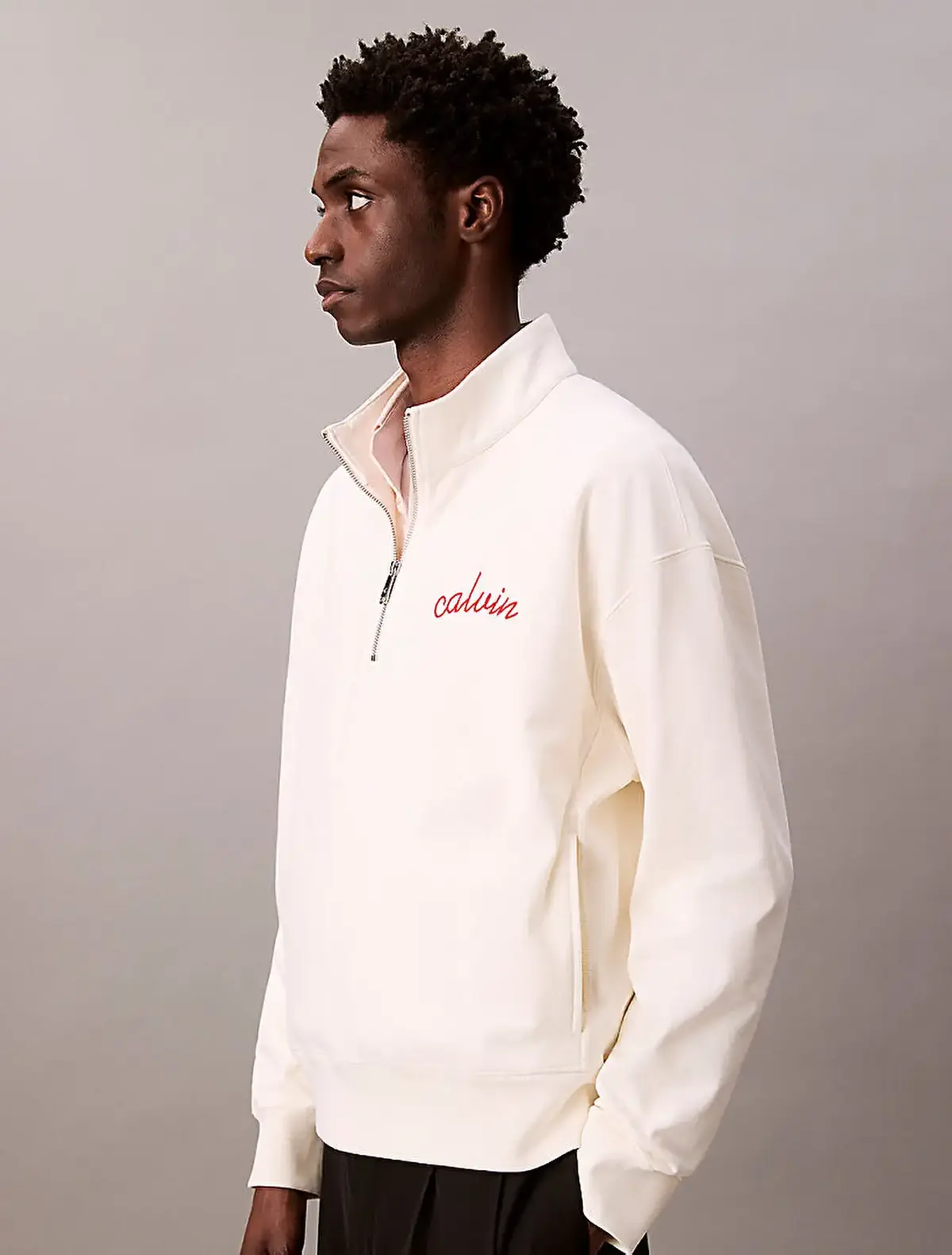 Calvin Klein PREMIUM TERRY CHAIN STITCH QTR Z Bej Erkek Sweatshirt Calvin Klein PREMIUM TERRY CHAIN STITCH QTR Z Bej Erkek Sweatshirt