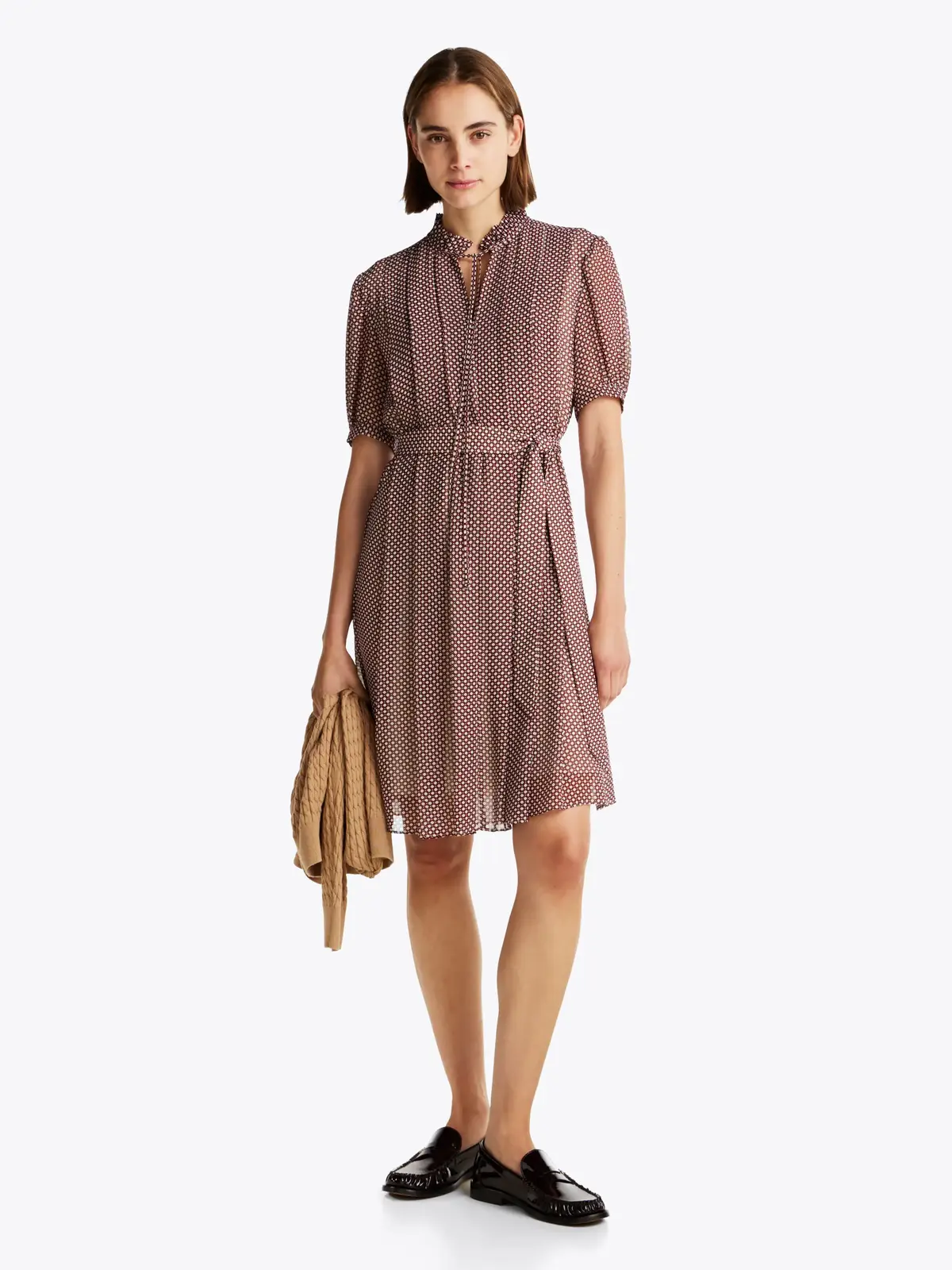 Tommy Hilfiger RUFFLE PLEAT S/S KNE, 09Z Kahverengi Kadın Elbise-Etek