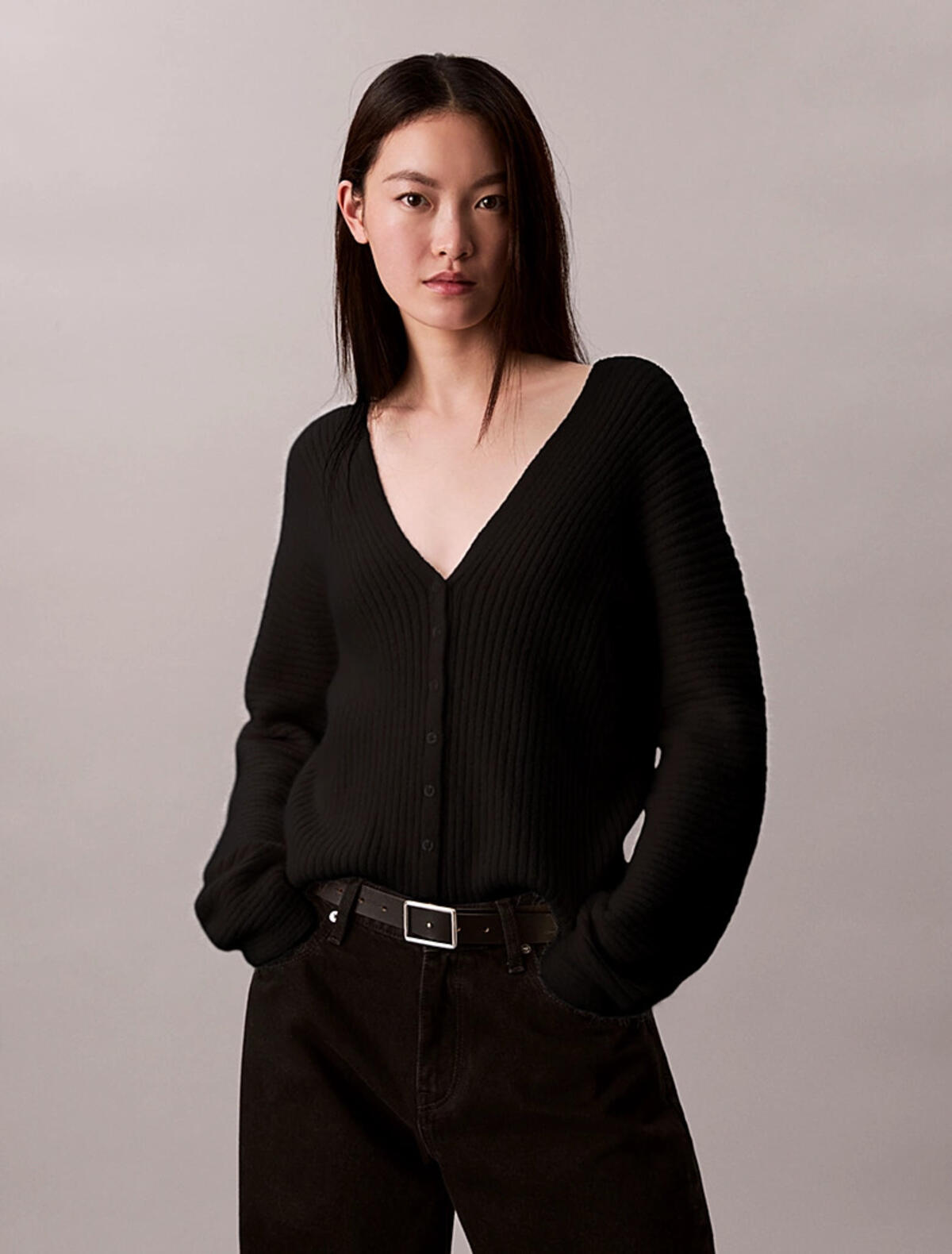 Calvin Klein Long Sleeve Button U, UB1 Siyah Kadın Hırka