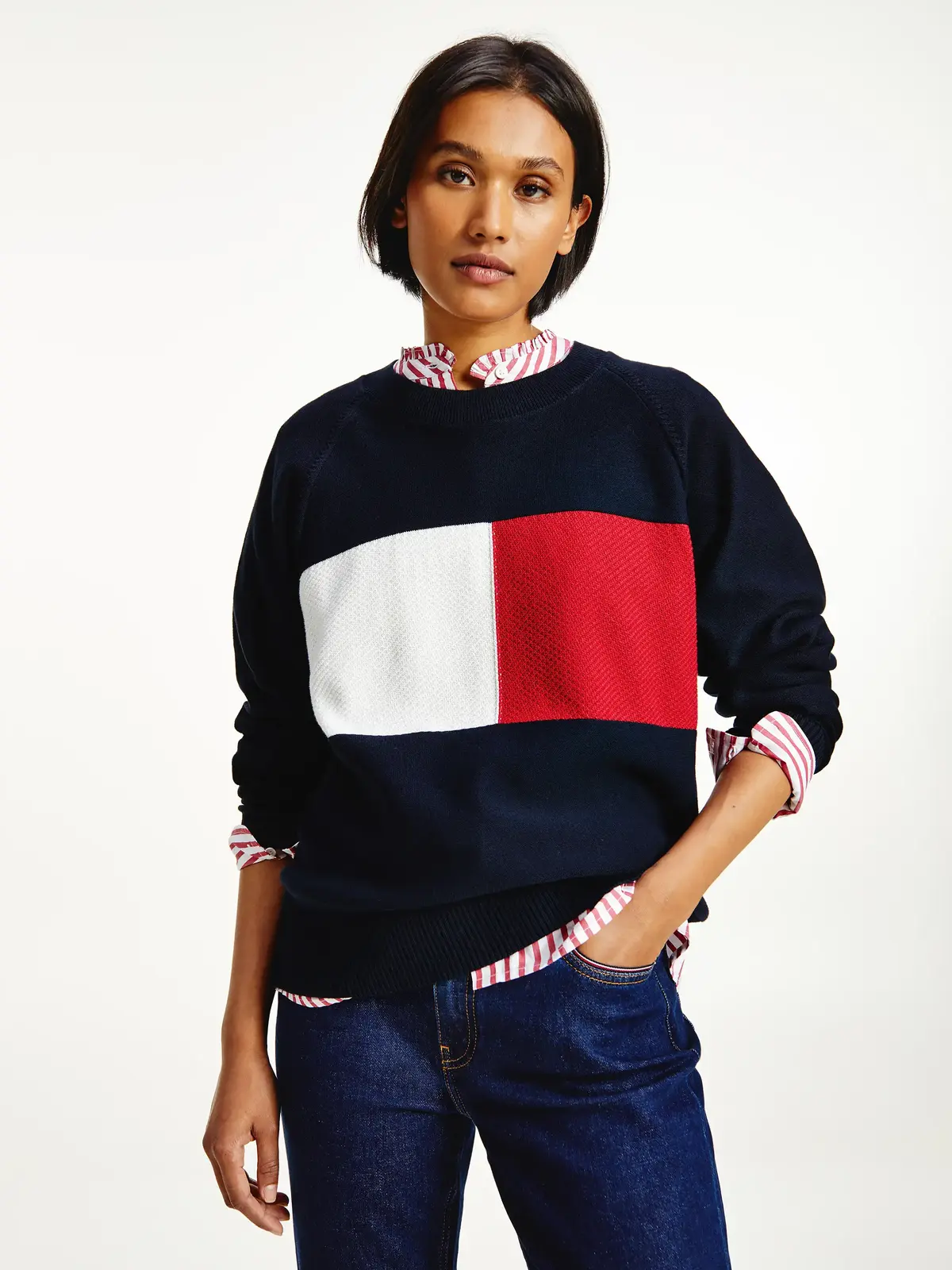 Tommy Hilfiger ORG CO REGULAR FLAG Kadın Siyah Kazak