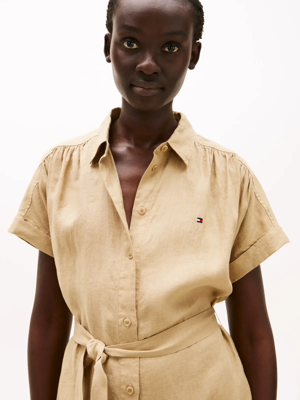 Tommy Hilfiger ESS LINEN S/S MIDI S, AEH Bej Kadın Elbise-Etek