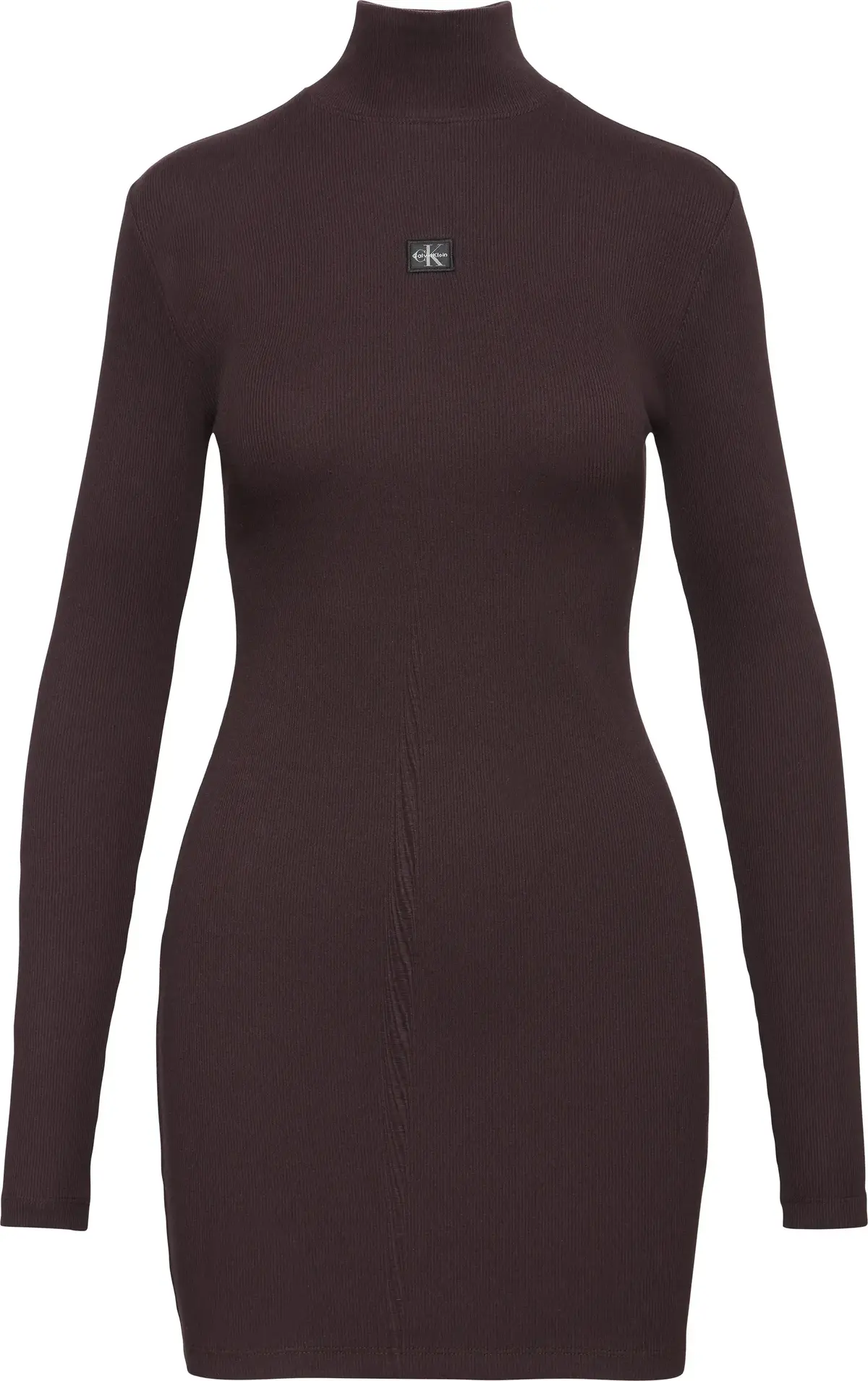 Calvin Klein LS WOVEN LABEL 2X2 RIB MINI DRES Kadın Kahverengi Elbise