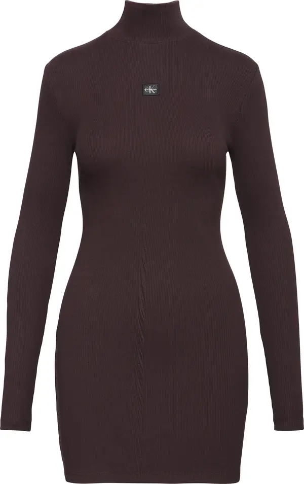 Calvin Klein LS WOVEN LABEL 2X2 RIB MINI DRES Kadın Kahverengi Elbise