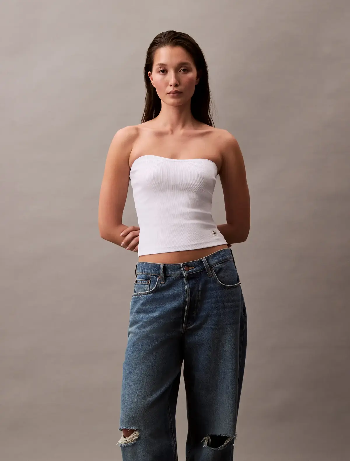 Calvin Klein WOVEN LABEL RIB SLEE Beyaz Kadın Bluz