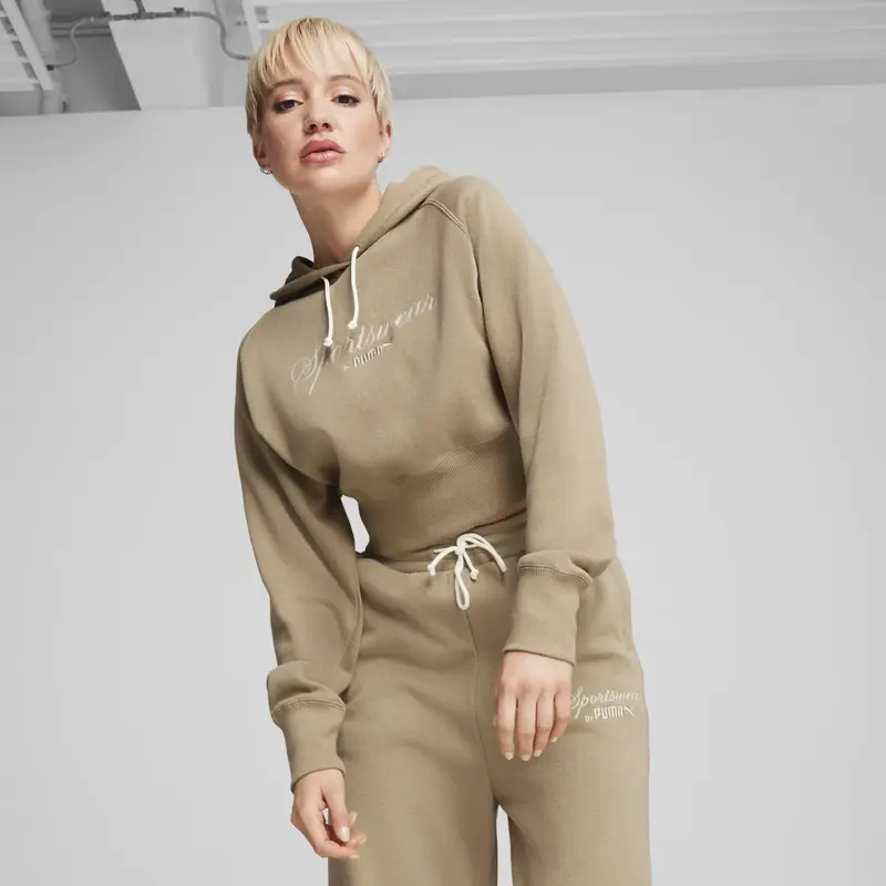 Puma CLASSICS+ Relaxed Cropped Hoodie Bej Kadın Sweatshirt