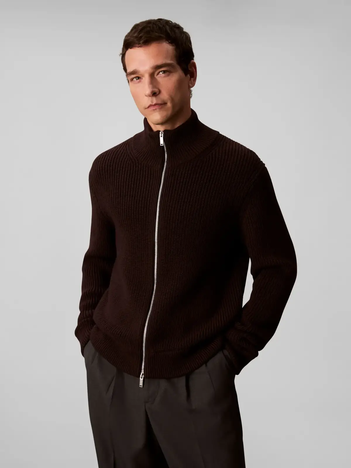 Calvin Klein LS FZ TEXTURE STITCH Kahverengi Erkek Fermuarlı Kazak