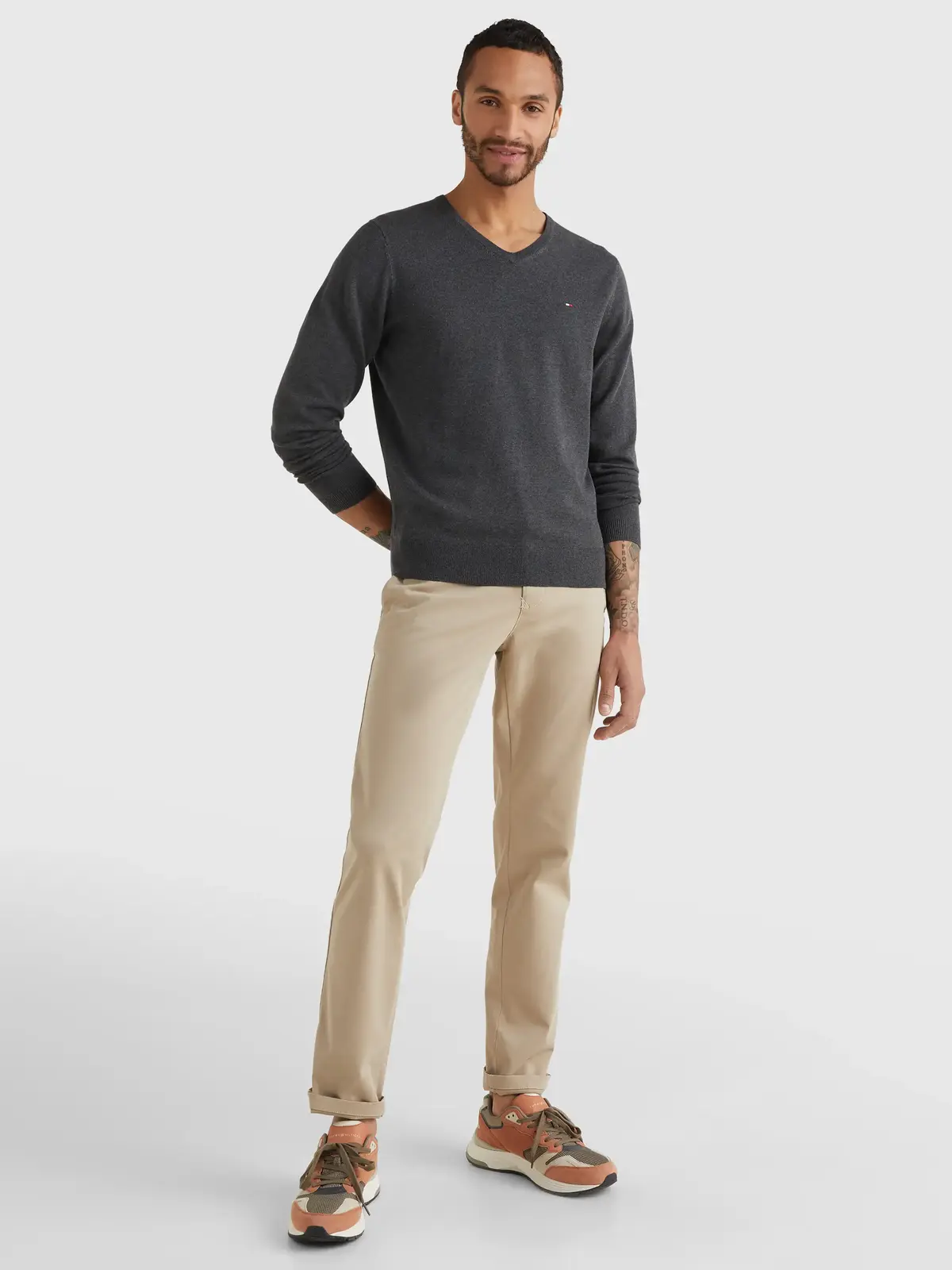 Tommy Hilfiger CORE COTTON-SILK VNE Erkek Antrasit Kazak