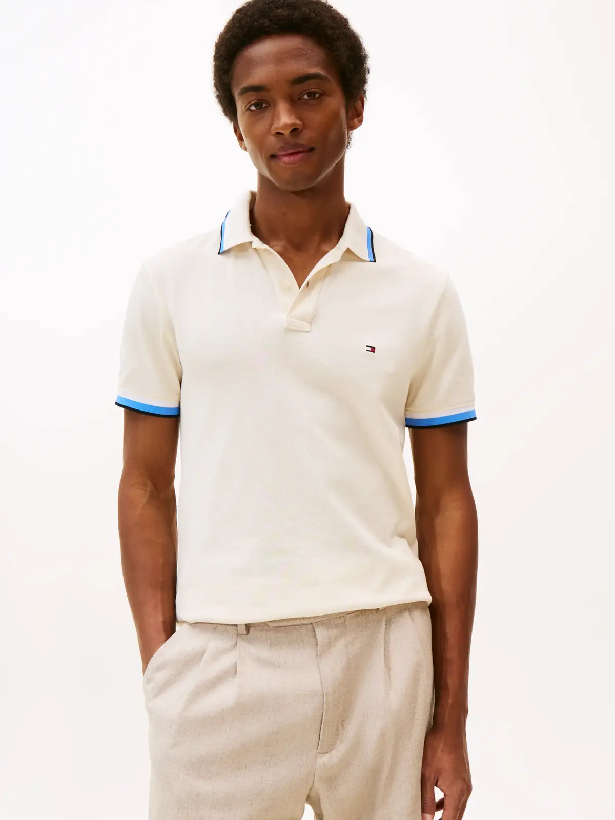 Tommy Hilfiger CUFF INTEREST SLIM Krem Erkek Polo Yaka T-Shirt