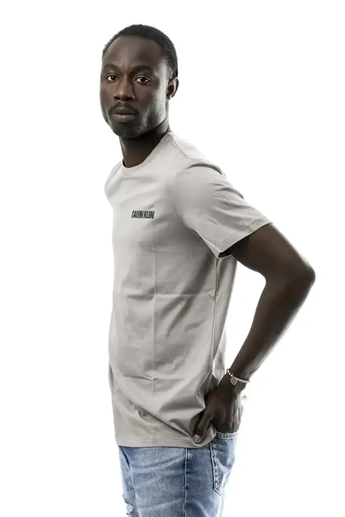 Calvin Klein SS 30s EU WORD STRETCH GRAPHIC T Gri Erkek Tişört