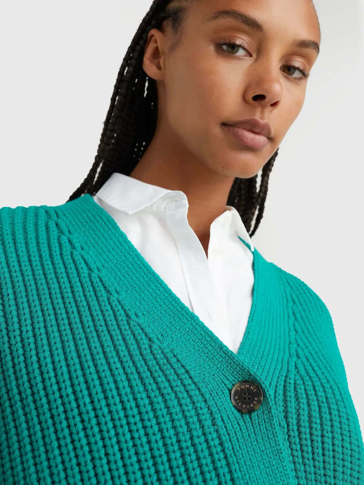 Tommy Hilfiger ORG COTTON BUTTON V- Kadın Yeşil Kazak