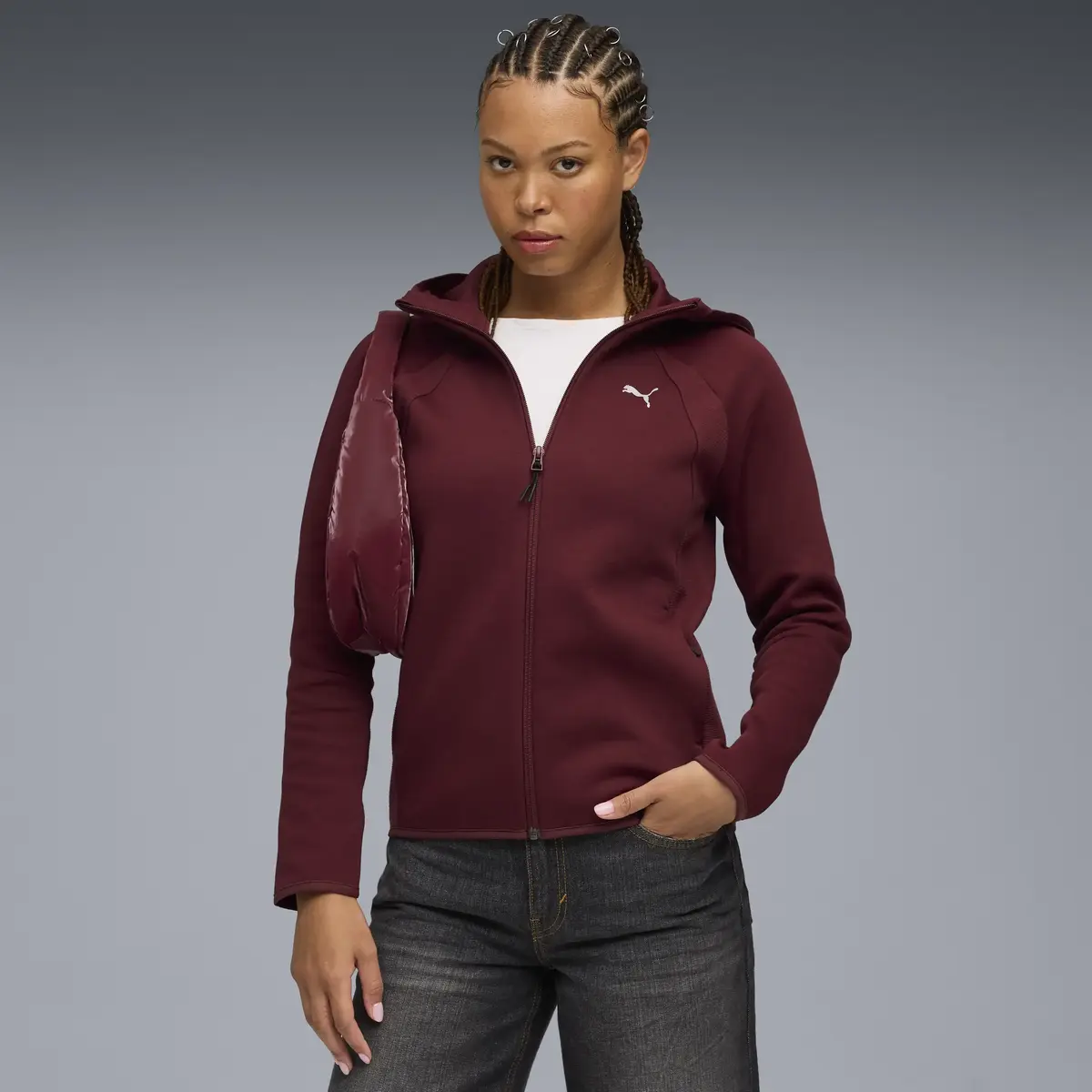 PUMA EVOSTRIPE Full-Zip Hoodie Kadın Bordo Fermuarlı Hoodie
