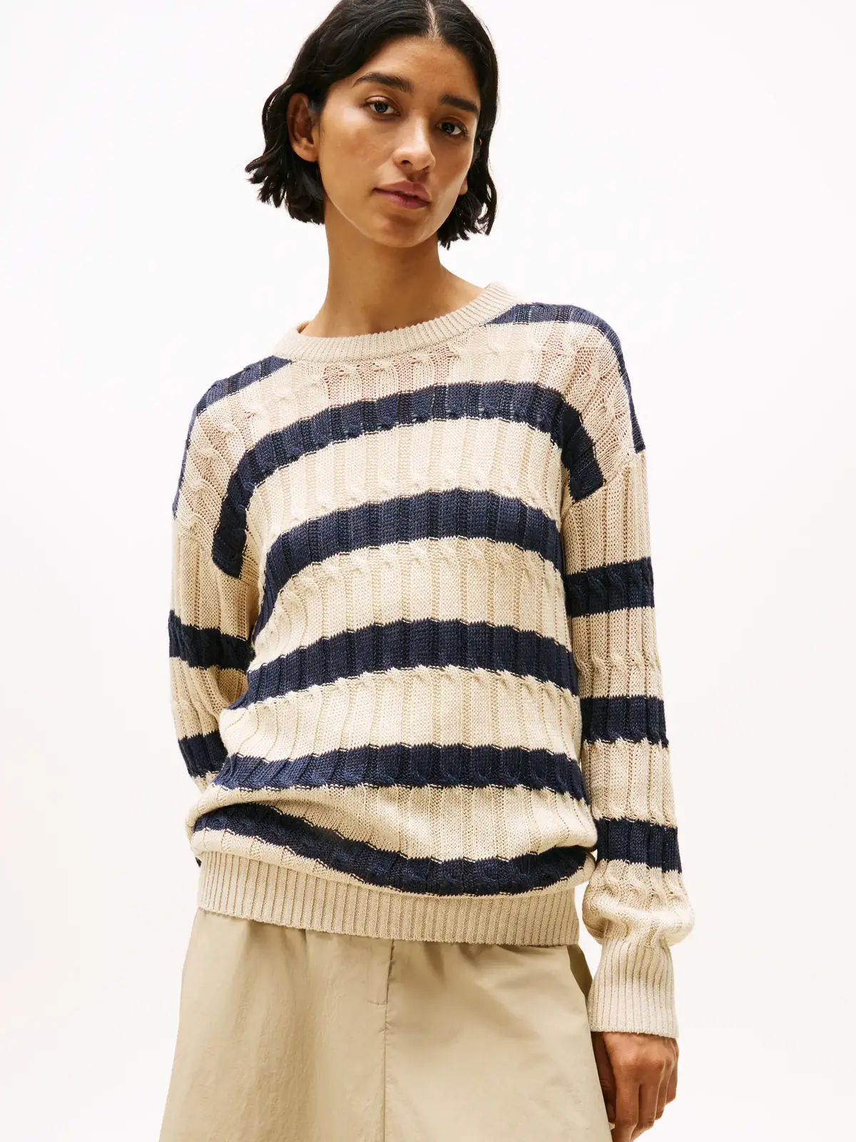 Tommy Hilfiger LINEN CABLE LS C-NK, 0AN Bej Kadın Kazak