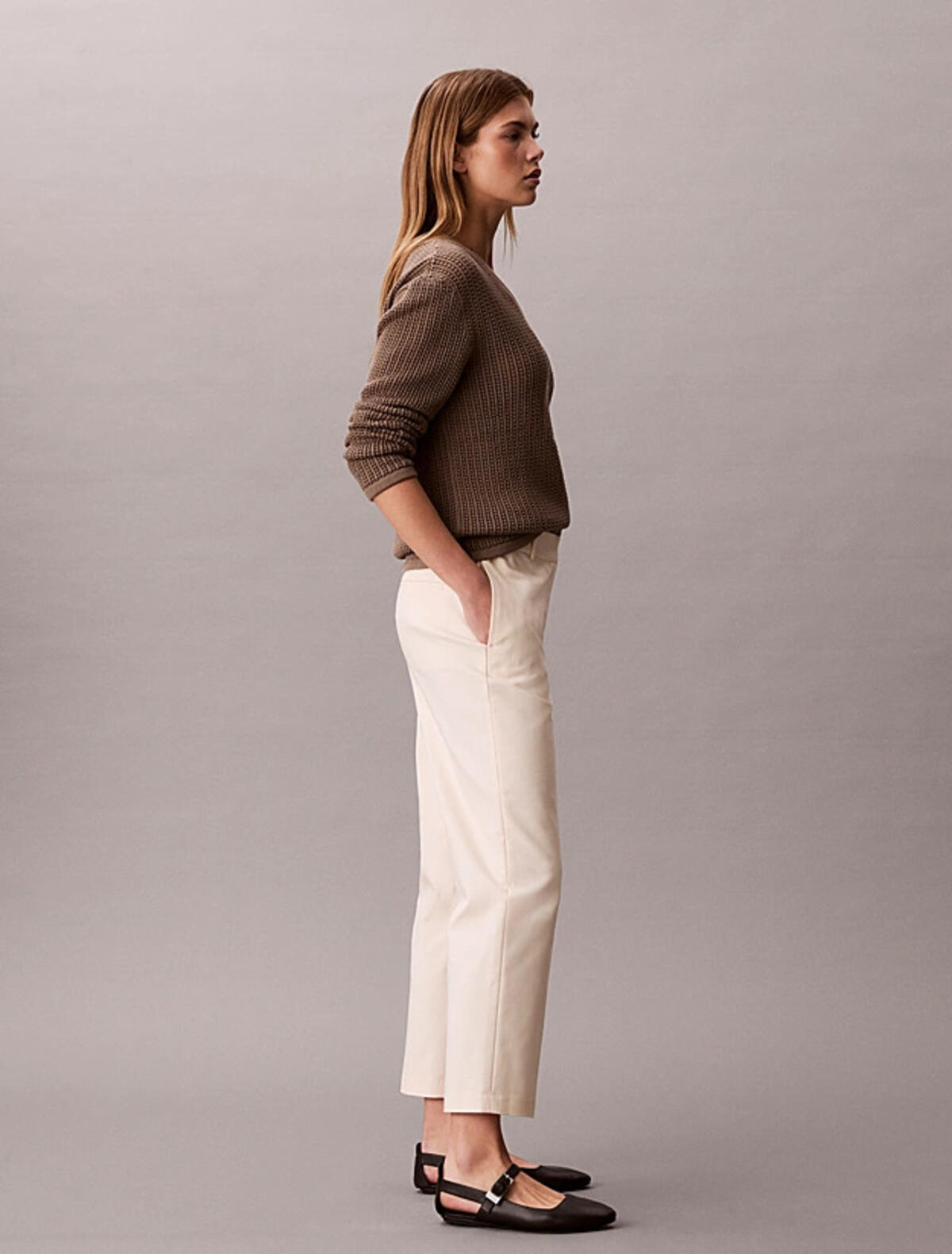 Calvin Klein STRAIGHT LEG STRETCH, F7J, 4 Kadın Krem Chino Pantolon