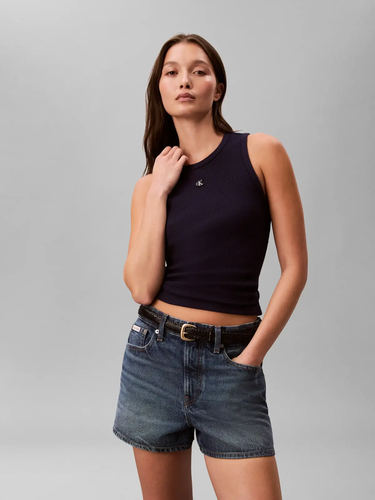Calvin Klein SL MONOGRAM PATCH WA Lacivert Kadın Kolsuz Tişört