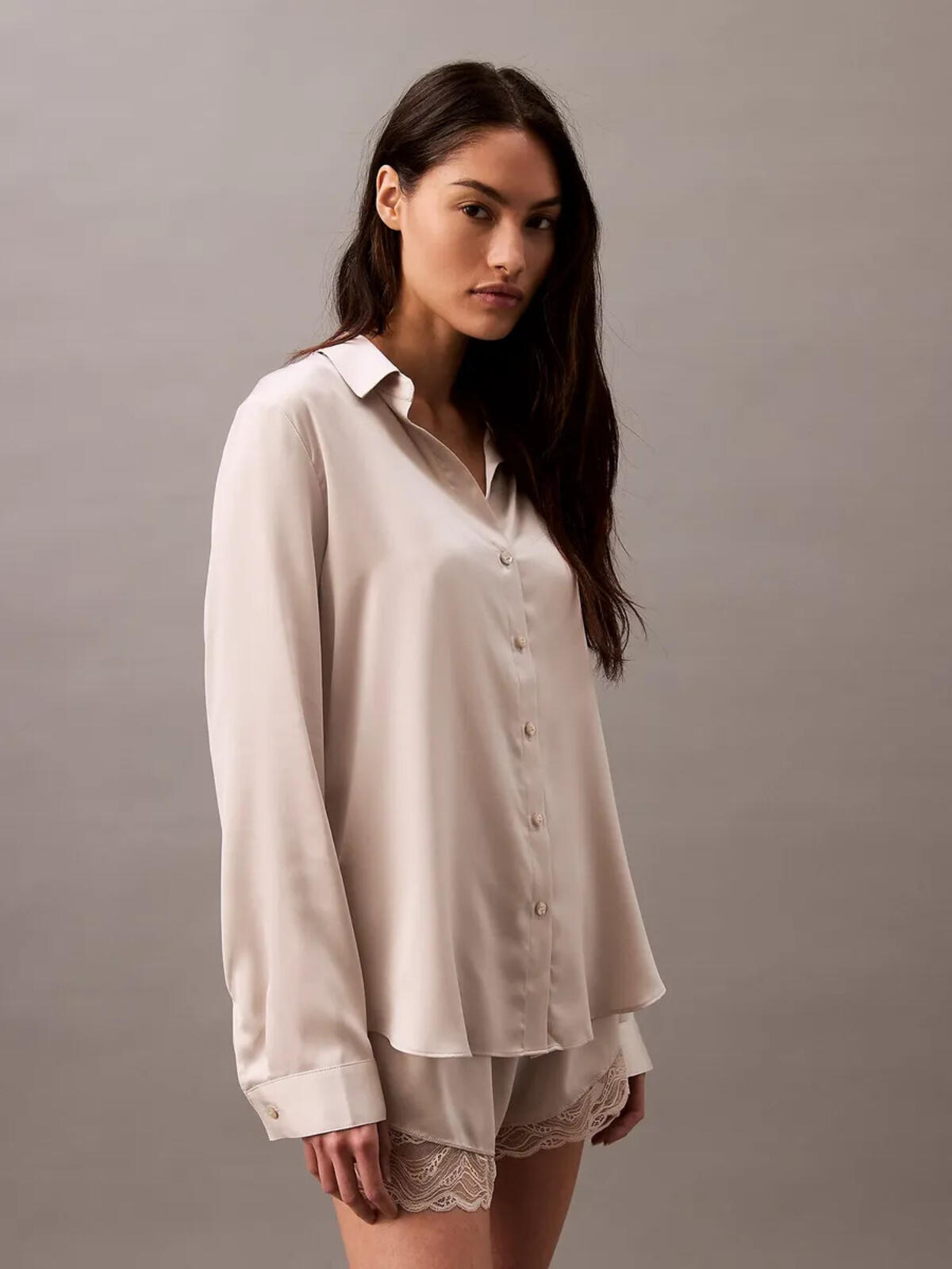Calvin Klein L/S TOP BUTTONDOWN, PEA Kadın Krem Pijama Üstü