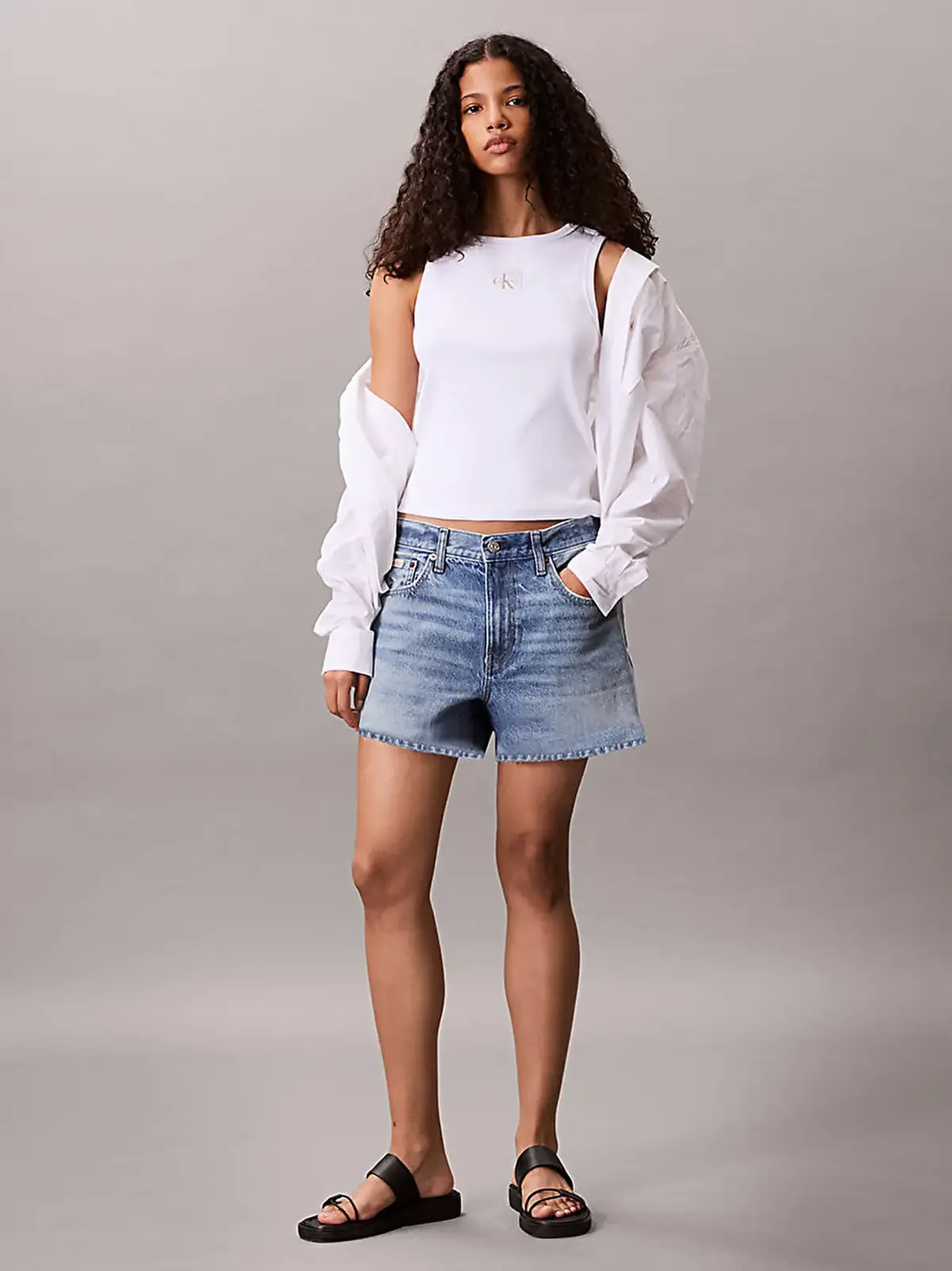 Calvin Klein A - WOVEN LABEL 2X2 COTTON RIB T Beyaz Kadın Tişört