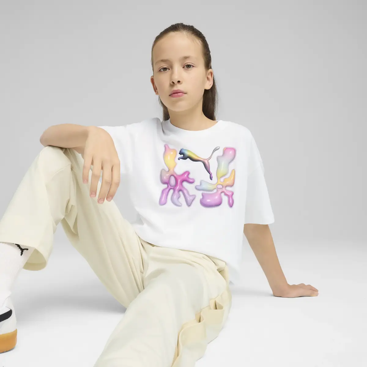 Puma Graphics Relaxed Tee I Beyaz Kız Çocuk T-Shirt
