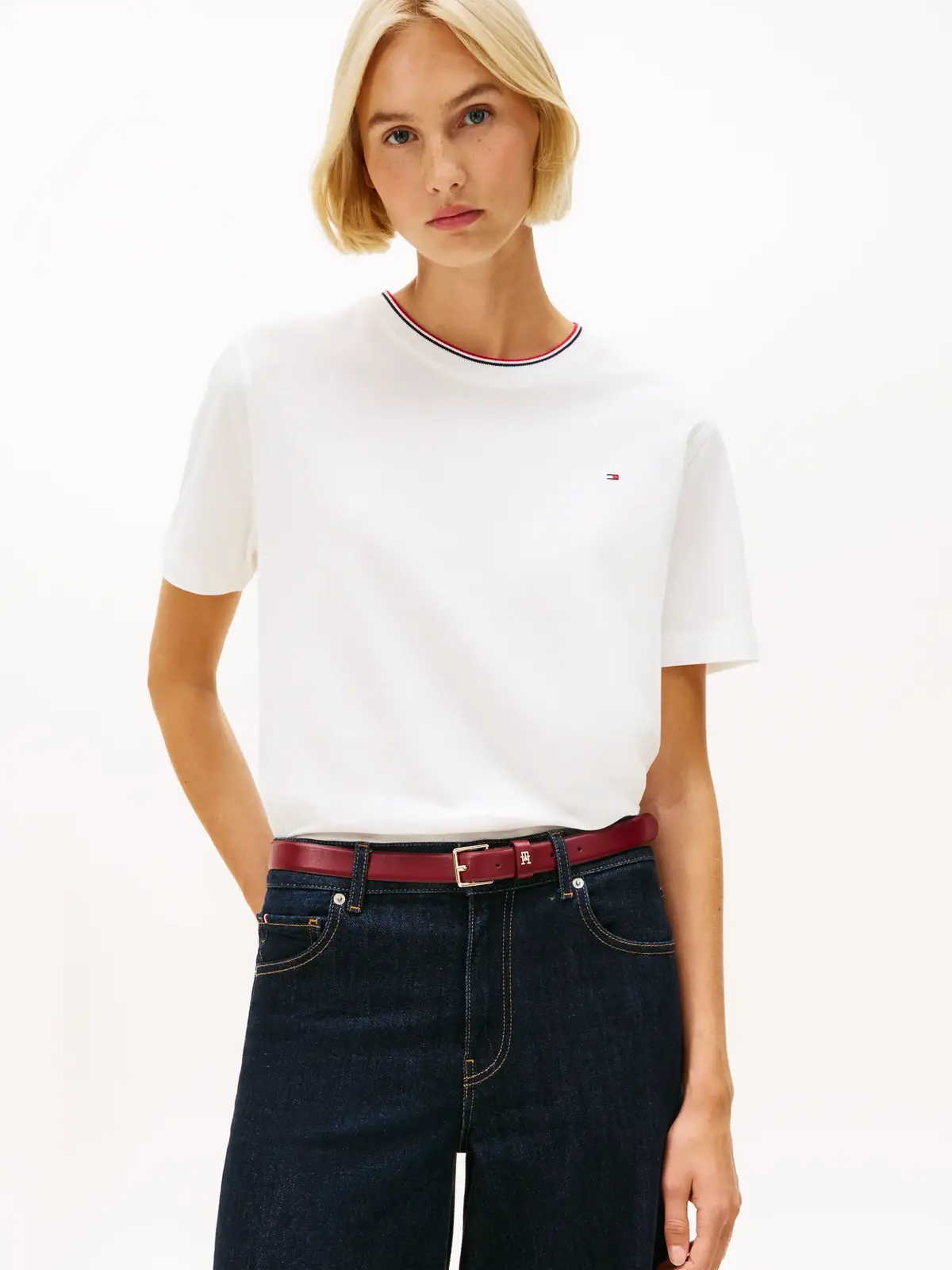 Tommy Hilfiger RWB PIQUE C-NK SS TE, YBL Beyaz Kadın T-Shirt