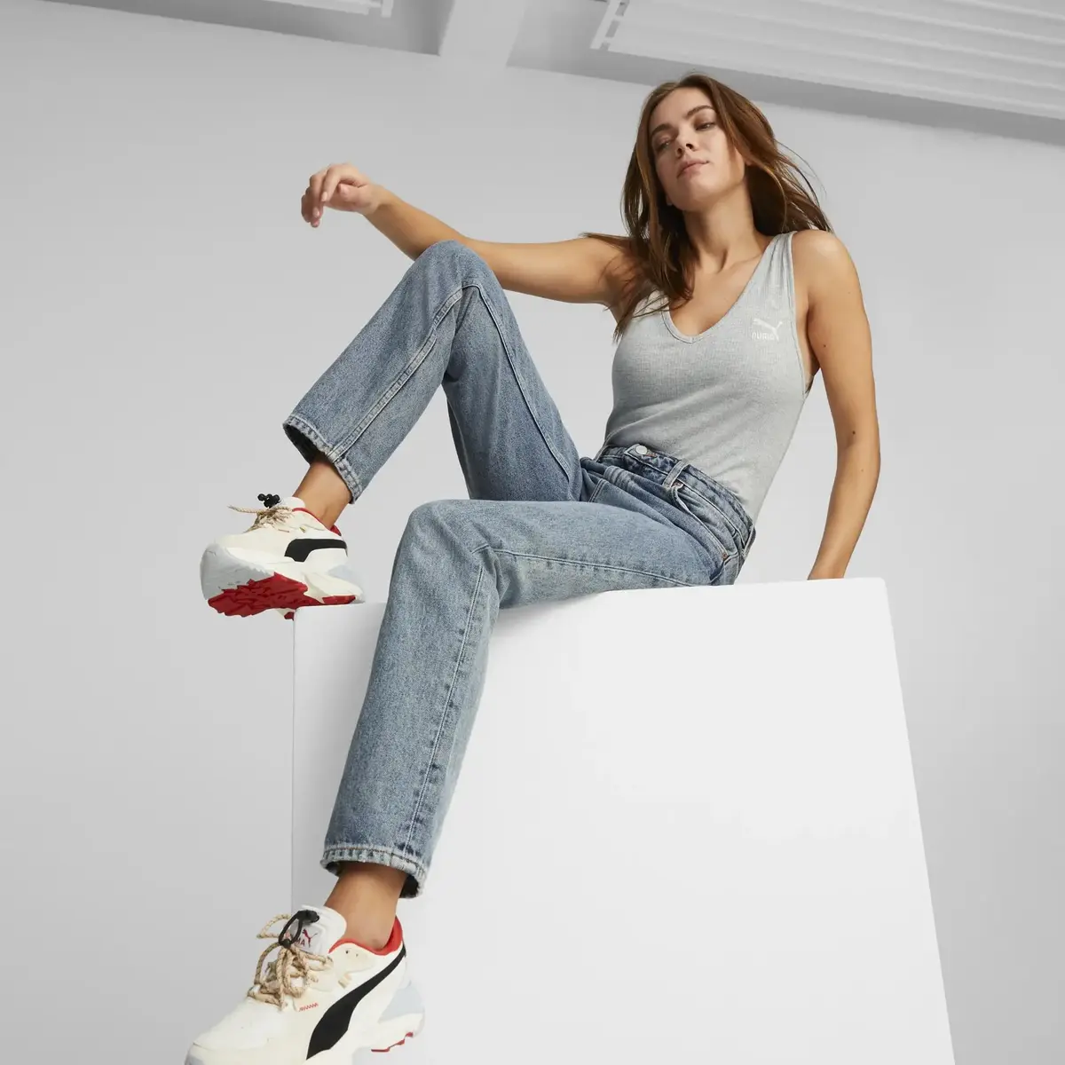 Puma Classics Ribbed Bodysuit Gri Kadın T-Shirt