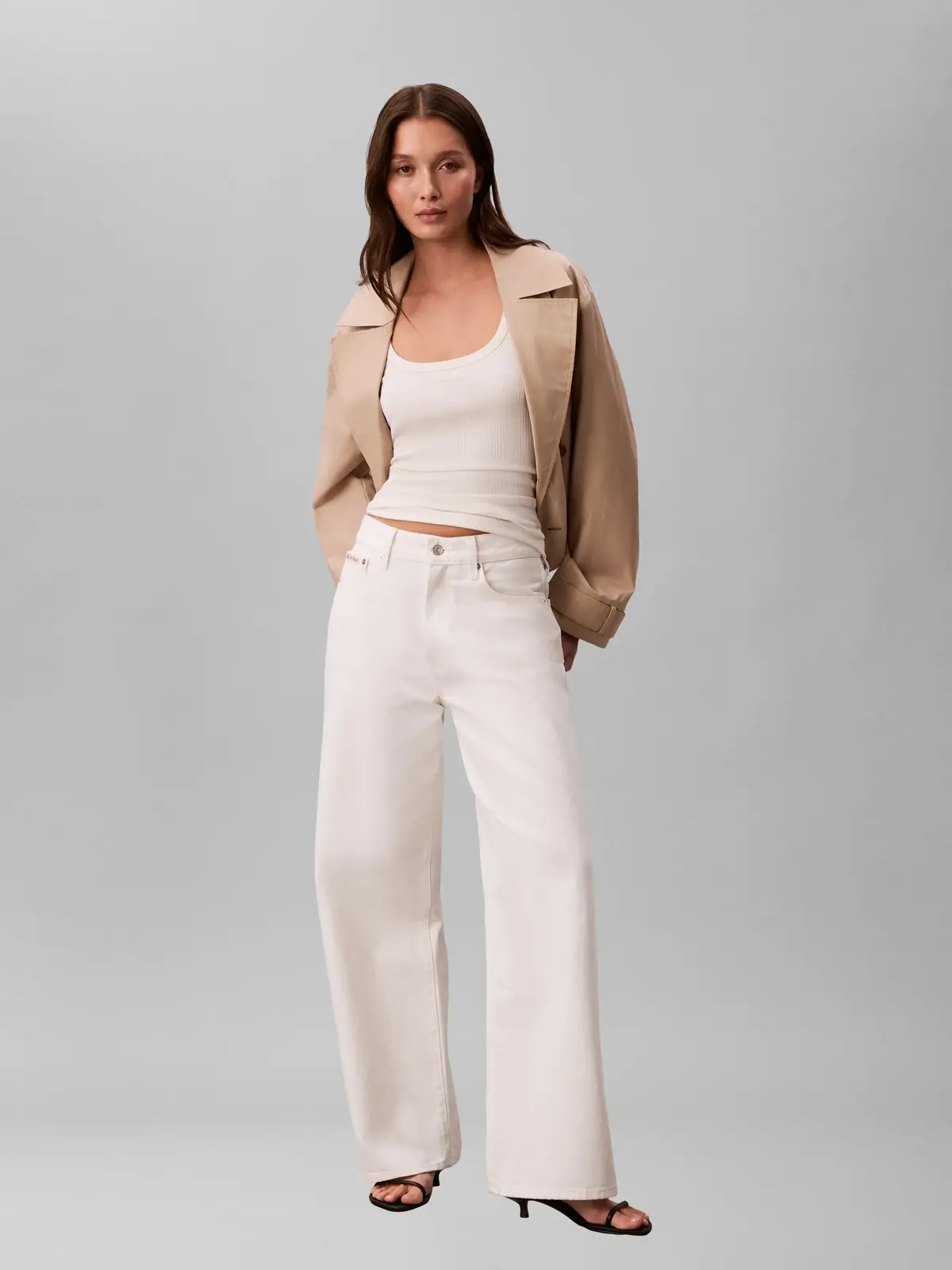 Calvin Klein SL VARIGATED RIB NAN Beyaz Kadın Fitilli Pamuklu Askılı Bluz