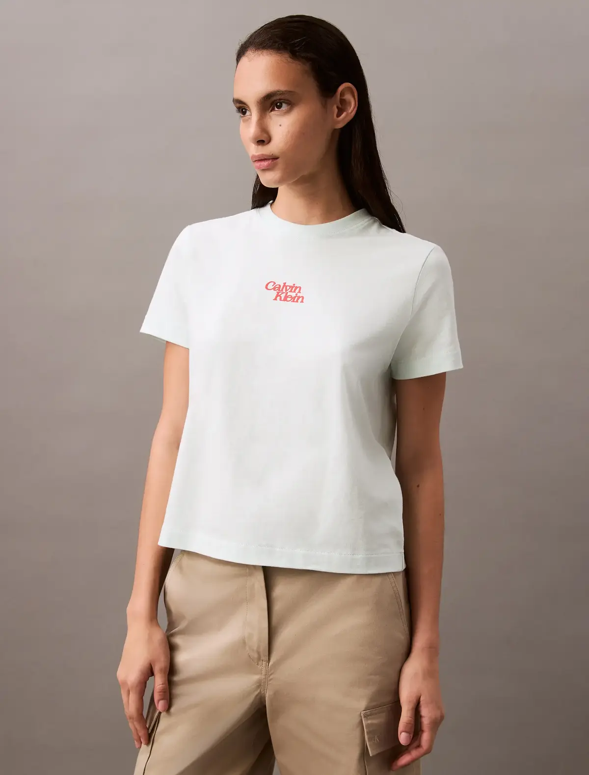 Calvin Klein SS FLOCKED LOGO CN T, VWD Mavi Kadın T-Shirt & Polo