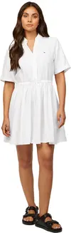 Tommy Hilfiger ESS LINEN S/S SHORT, YCF Beyaz Kadın Elbise-Etek