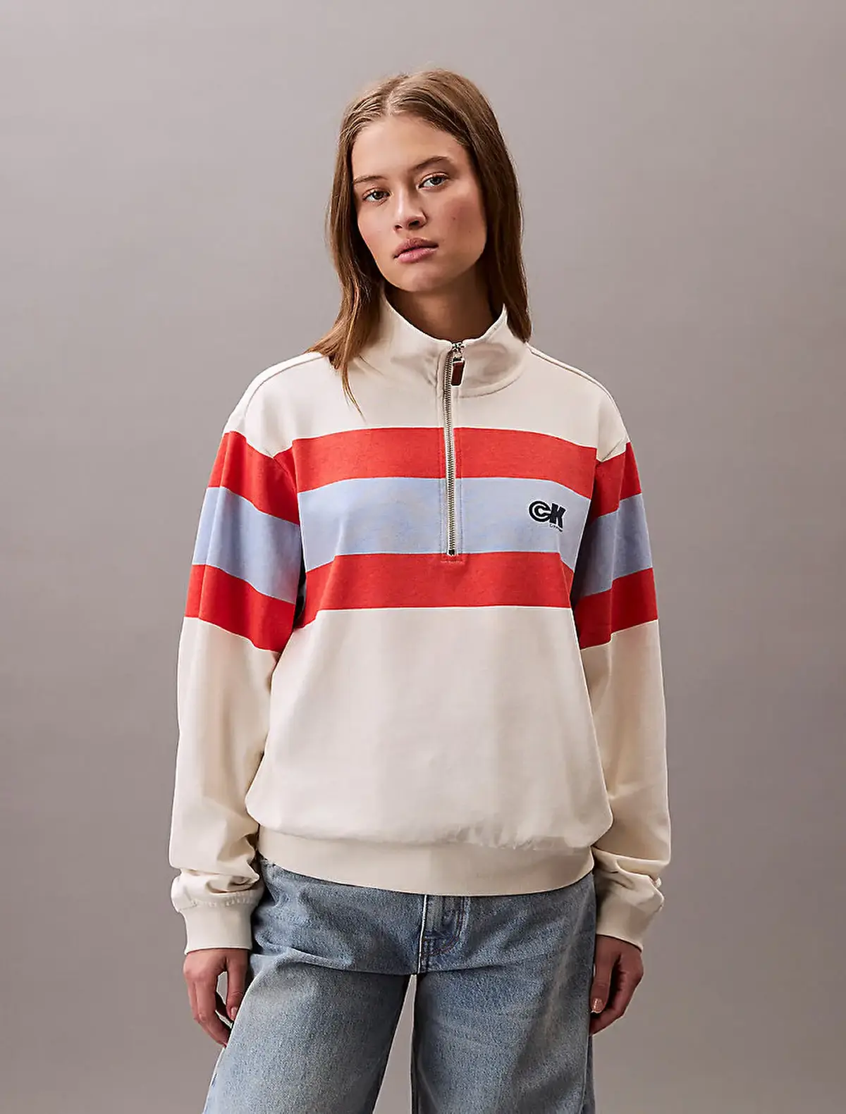 Calvin Klein RUGBY JERSEY 1/4 ZIP STRIPE TOP Bej Kadın Sweatshirt