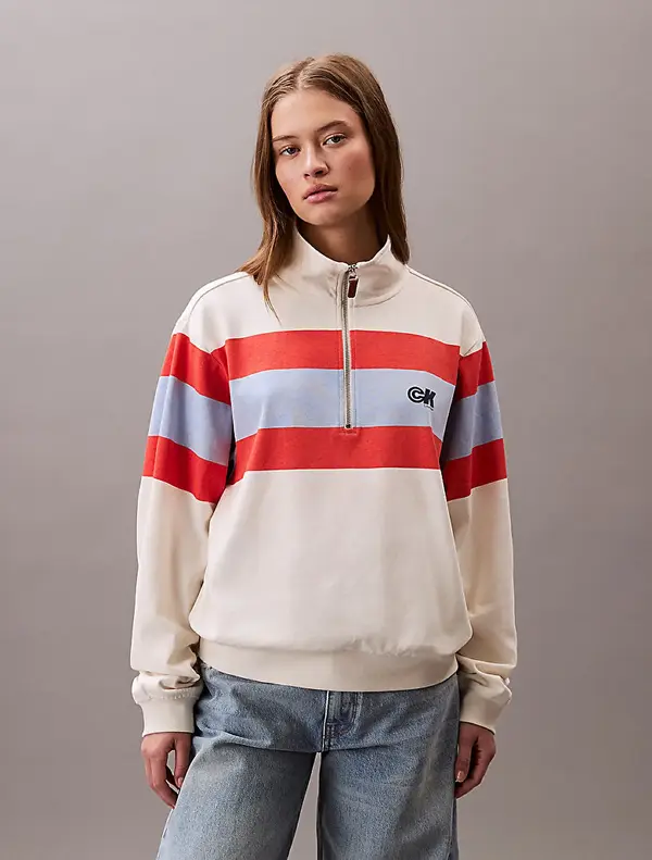 Calvin Klein RUGBY JERSEY 1/4 ZIP STRIPE TOP Bej Kadın Sweatshirt