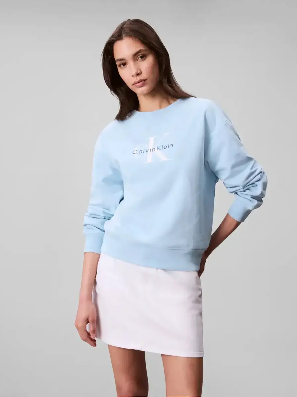 Calvin Klein LS MONOLOGO FRENCH TERRY RLXD CR Mavi Kadın Sweatshirt