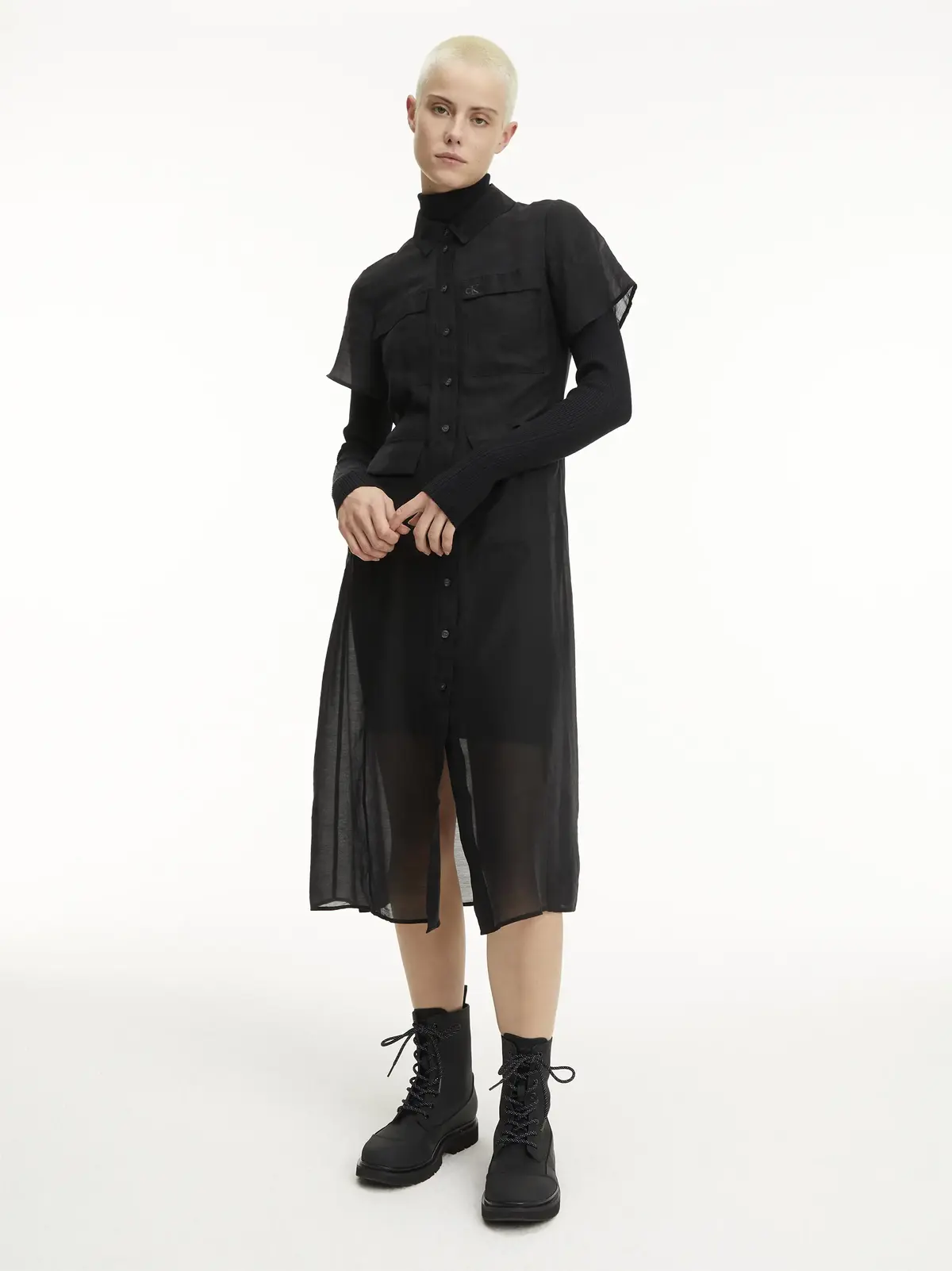 Calvin Klein SHEER SHORT SLEEVE D Kadın Siyah Elbise