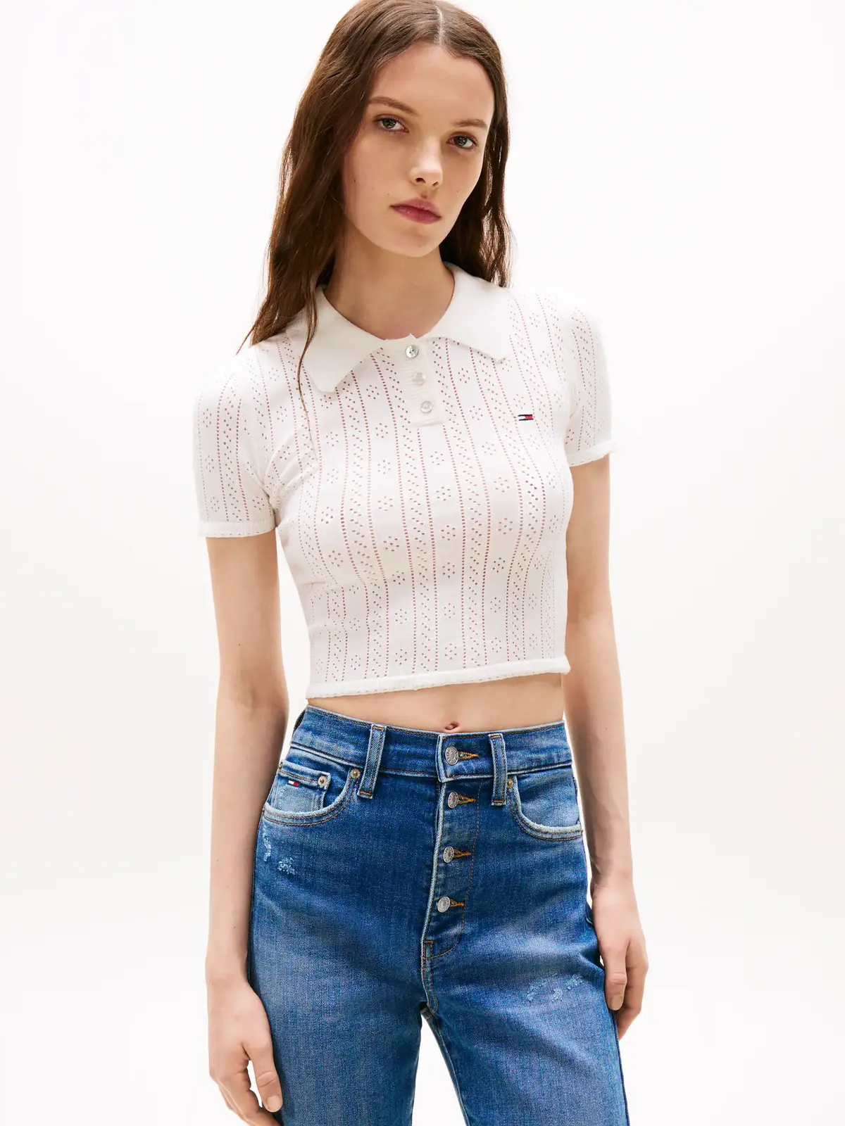 Tommy Hilfiger TJW POINTELLE POLO, YBL Beyaz Kadın Kazak