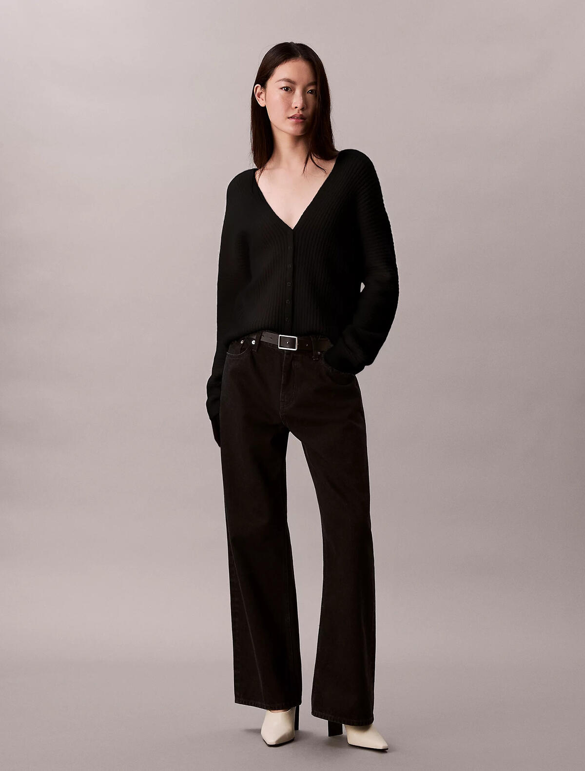 Calvin Klein Long Sleeve Button U, UB1 Siyah Kadın Hırka