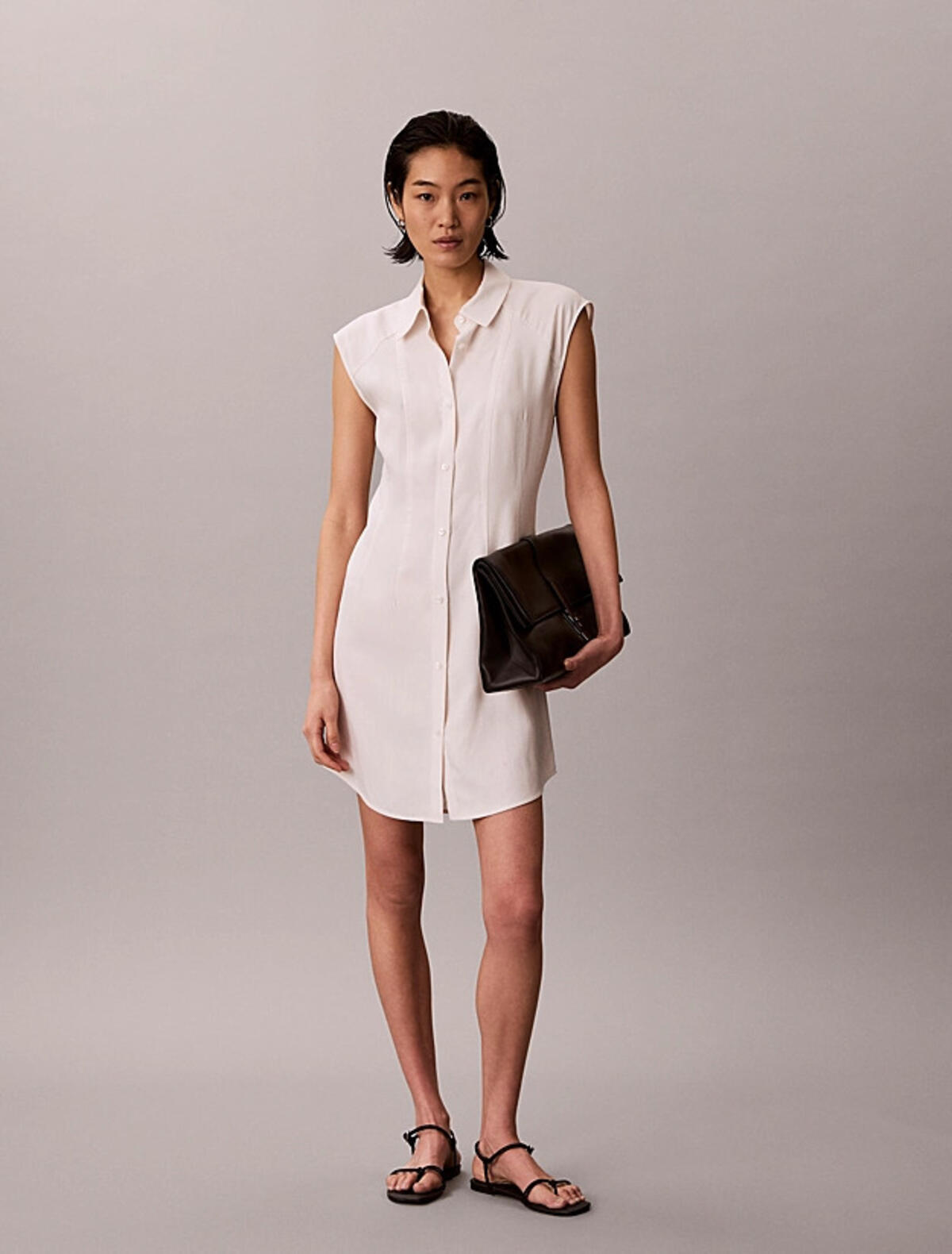 Calvin Klein TENCEL LINEN SL MINI, GNA, XXS Kadın Krem Elbise