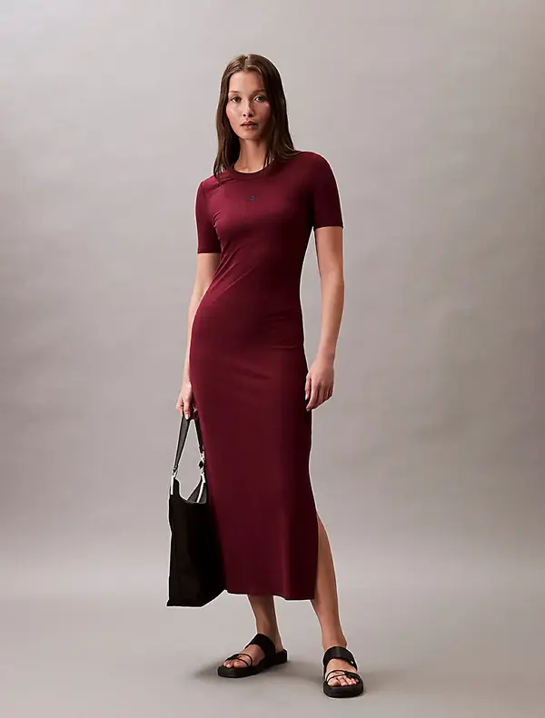 Calvin Klein A - MODAL RIB SS DRESS Bordo Kadın Elbise