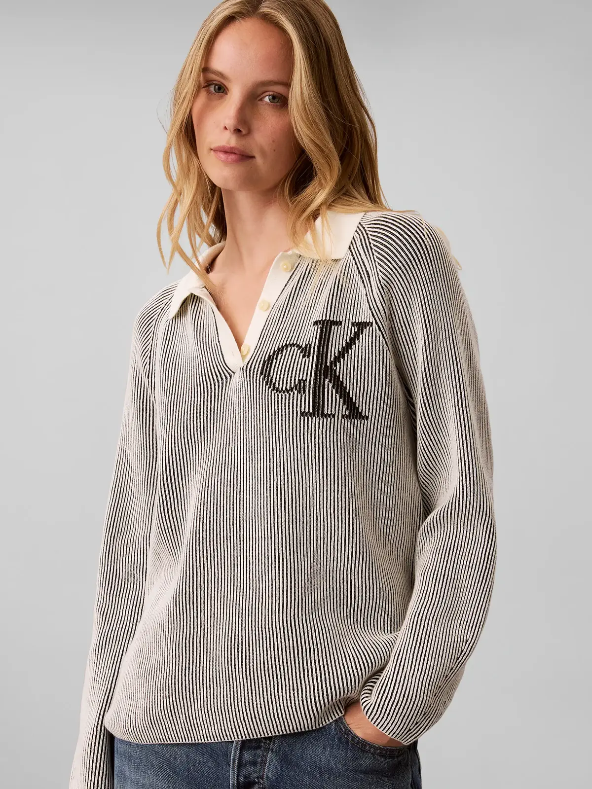 Calvin Klein BICOLOR RIB LOGO POL, UB1 Siyah Kadın Polo