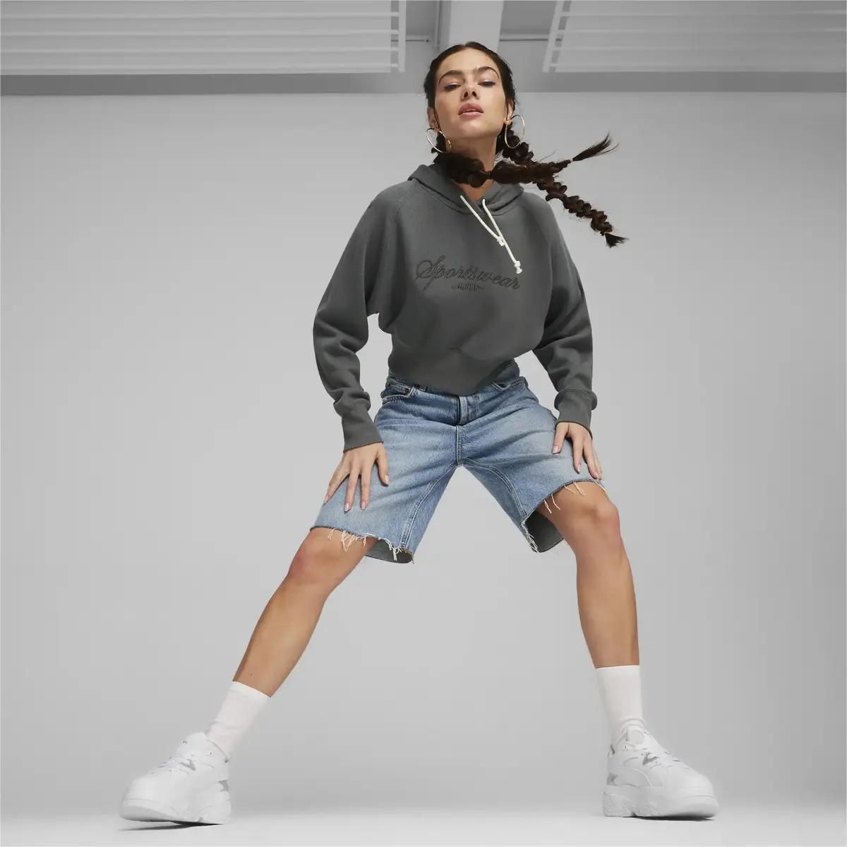 Puma CLASSICS+ Relaxed Cropped Hoodie Koyu Gri Kadın Hoodie