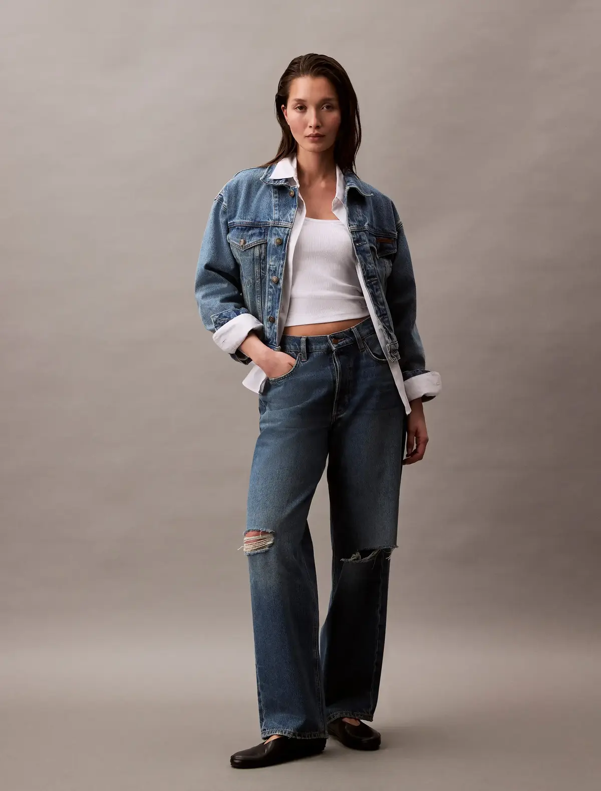 Calvin Klein WOVEN LABEL RIB SLEE Beyaz Kadın Bluz