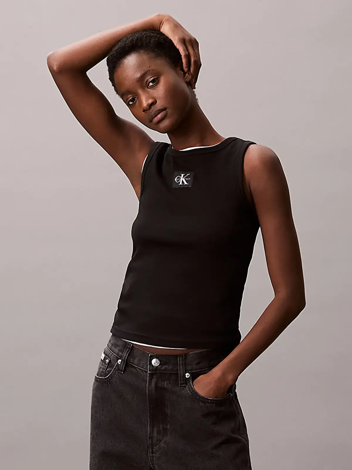 Calvin Klein A - WOVEN LABEL 2X2 COTTON RIB T Siyah Kadın Tişört