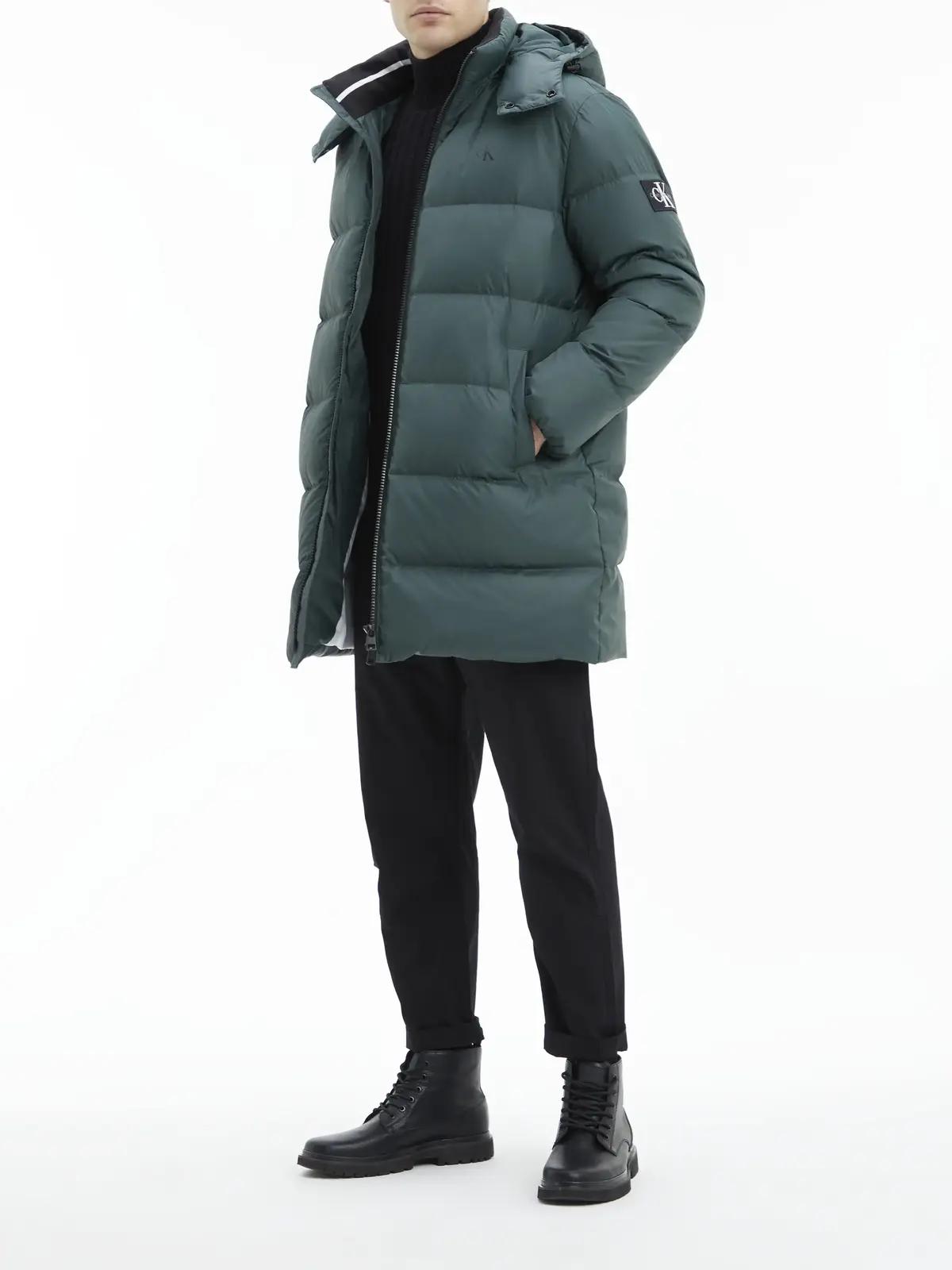Calvin Klein ESS LONG HOODED DOWN Erkek Yeşil Şişme Mont