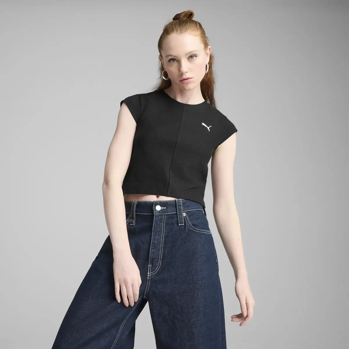 PUMA WARDROBE ESS Ribbed Baby Tee Siyah Kadın Crop