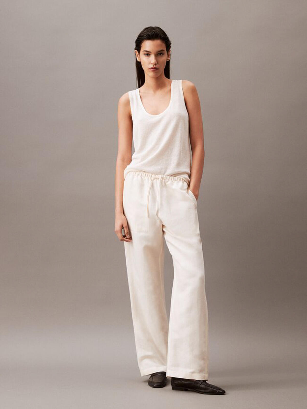 Calvin Klein LGHTWGT LINEN PULL O Kadın Krem Geniş Paça Pantolon