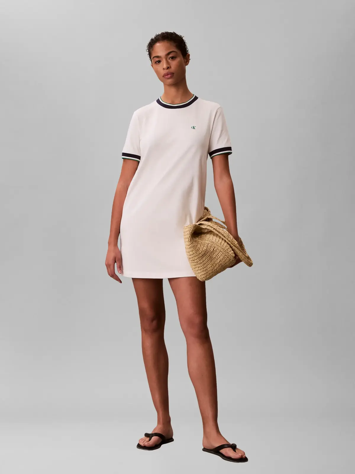 Calvin Klein SS CTN MONOGRAM STRI Beyaz Kadın Regular Fit Mini Elbise