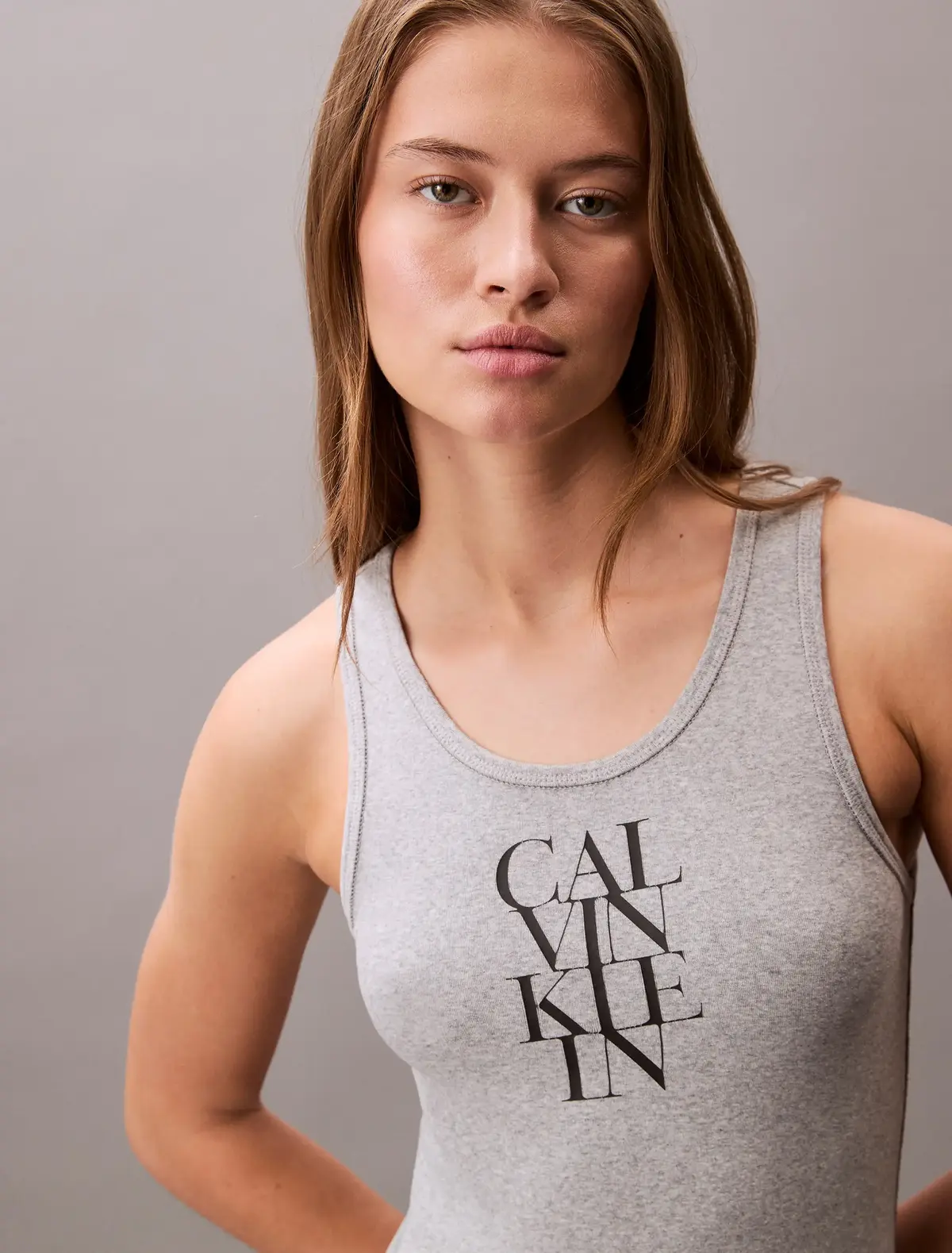 Calvin Klein SL COTTON 1X1 RIB TA, P79 Gri Kadın Elbise