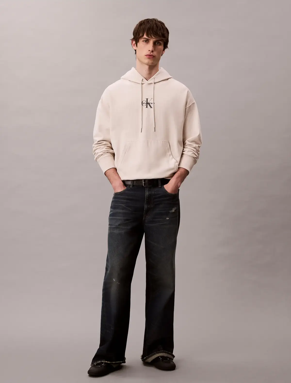 Calvin Klein PREMIUM TERRY MICRO Bej Erkek Kapüşonlu Sweatshirt