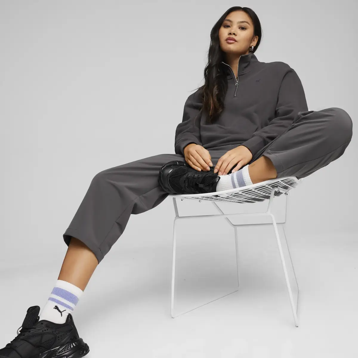 Puma YONA Half-Zip Crew Gri Kadın Sweatshirt