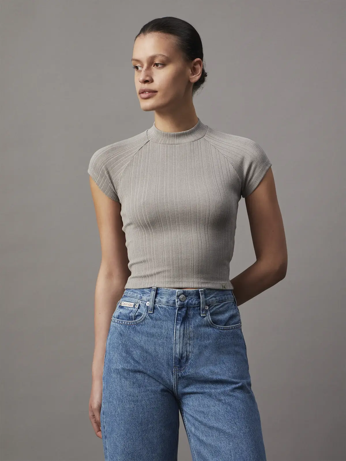 Calvin Klein WARM TEXTURE RIB MOC, PEO Gri Kadın T-Shirt & Polo