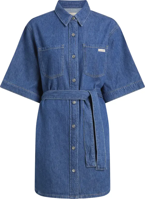 Calvin Klein LINEN BOXY BELTED SH, 1A4 Mavi Kadın Elbise-Etek