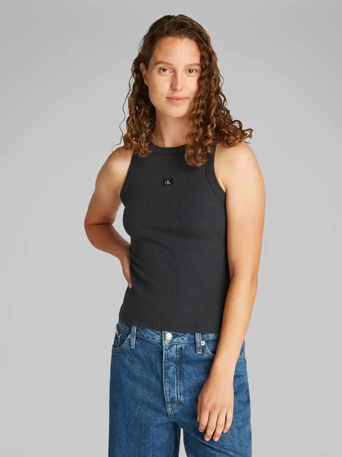 Calvin Klein WASHED WOVEN LABEL Siyah Kadın Kolsuz Tişört