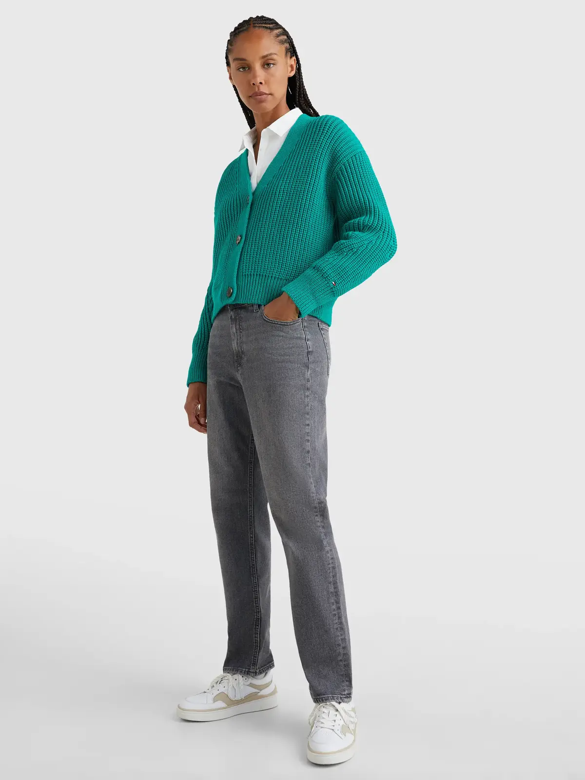 Tommy Hilfiger ORG COTTON BUTTON V- Kadın Yeşil Kazak